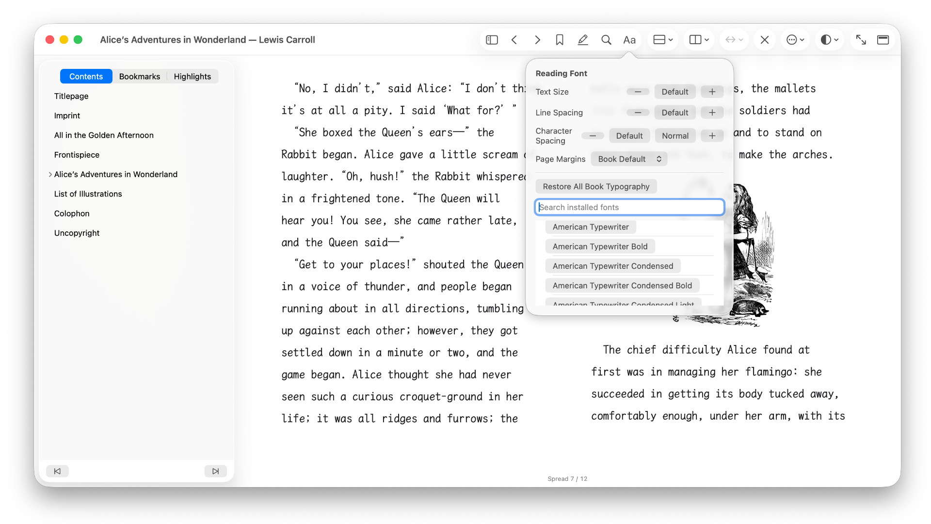 Silverlinger table of contents sidebar and typography panel screenshot